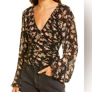 Free People New Final Rose Blouse Black Floral Print Boho Size Small